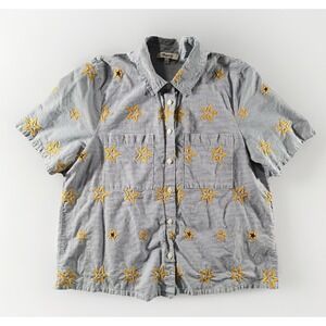 Madewell Striped Star Embroidered Button Up Shirt Blue White Short Sleeve Medium